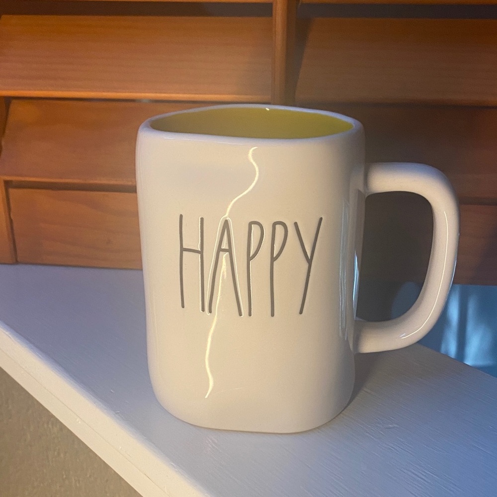 Rae Dunn Happy Ceramic Coffee Mug - White with Yellow Interior